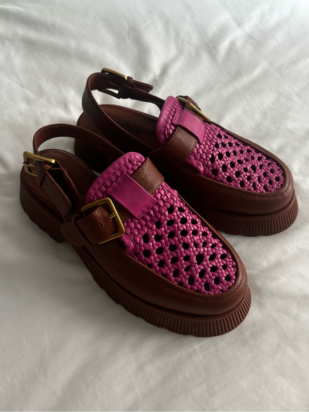 Charlotte Stone Brown Leather Slingback Mules with Pink Woven Upper